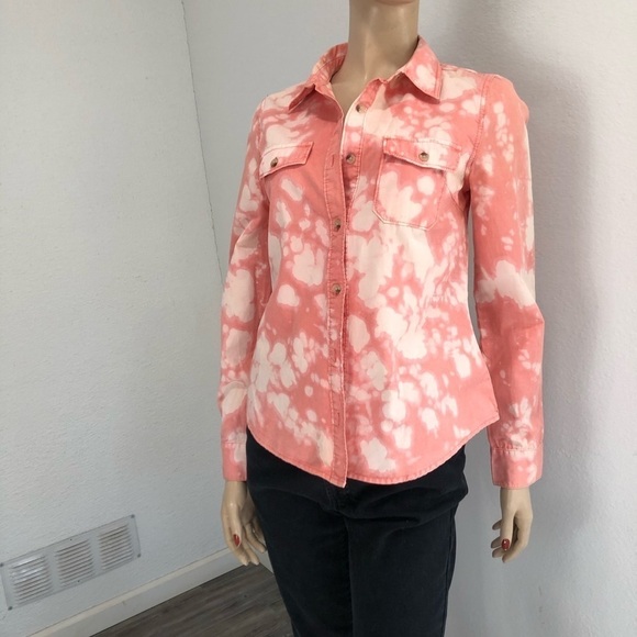 Life in progress button front acid wash long sleeve shirt orange size:S - Picture 6 of 16